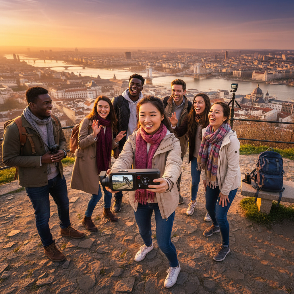 A person holds a black Handheld Gimbal Pocket Camera M105, recording friends in a vibrant outdoor travel setting at golden ho