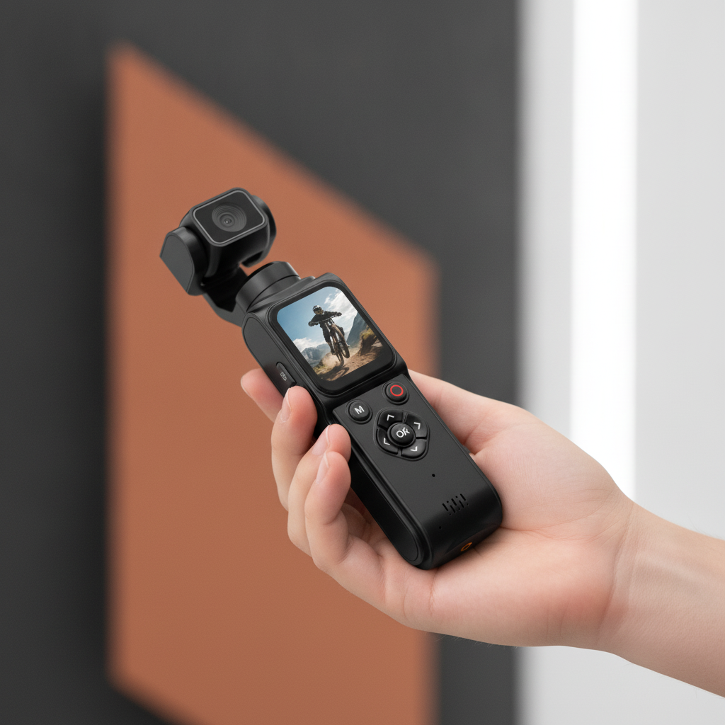A Handheld Gimbal Pocket Camera M105 with a rotating lens, held in a person's palm against a clean background.